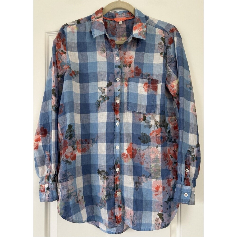 Joules Button Front 100% Linen Shirt Size 8 Jeanne Print Blue Gingham Floral